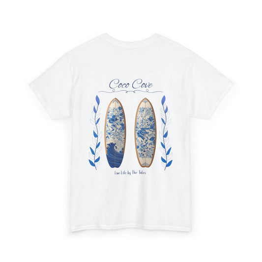 Surfboard Beach Tee — "Coco Cove" Coastal Graphic T-Shirt