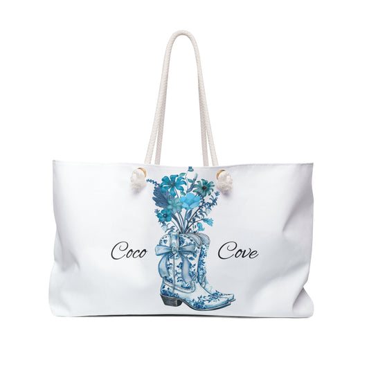 Coco Cove Cowboy Boot Weekender Bag — Blue Floral Travel Tote