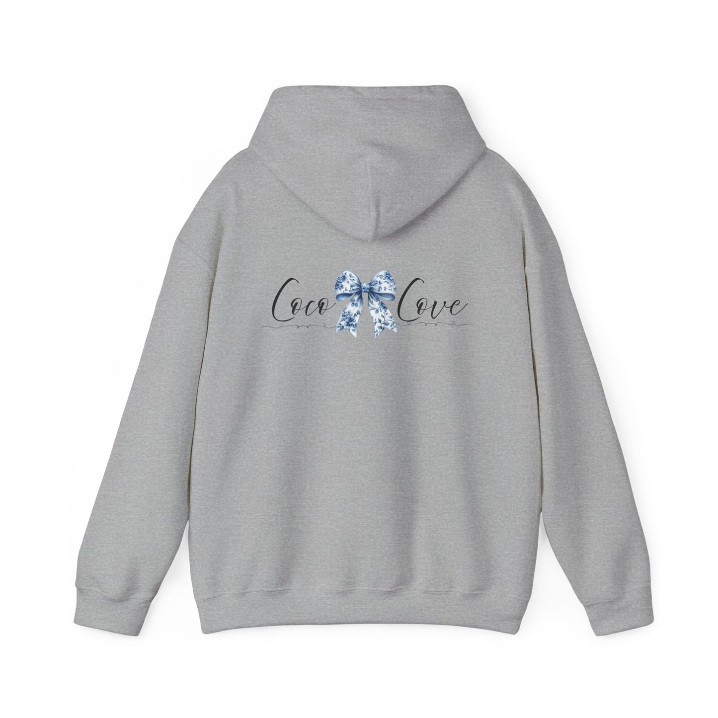 Love Bow Hoodie – Blue Toile Ribbon "love" Graphic Hooded Sweatshirt