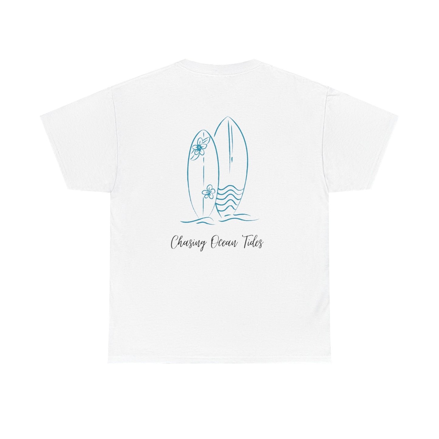 Surfboard Beach Tee — "Chasing Ocean Tides" Minimal Coastal Graphic T-Shirt