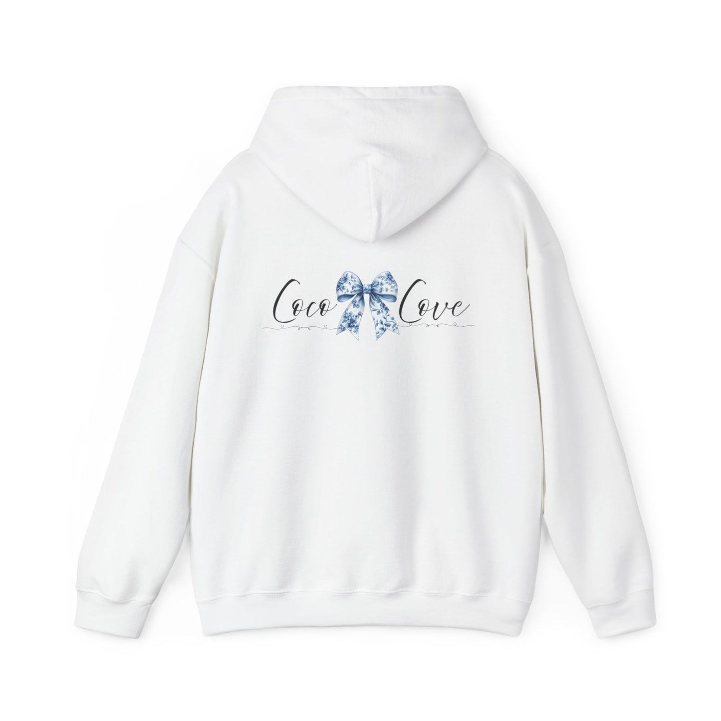 Love Bow Hoodie – Blue Toile Ribbon "love" Graphic Hooded Sweatshirt