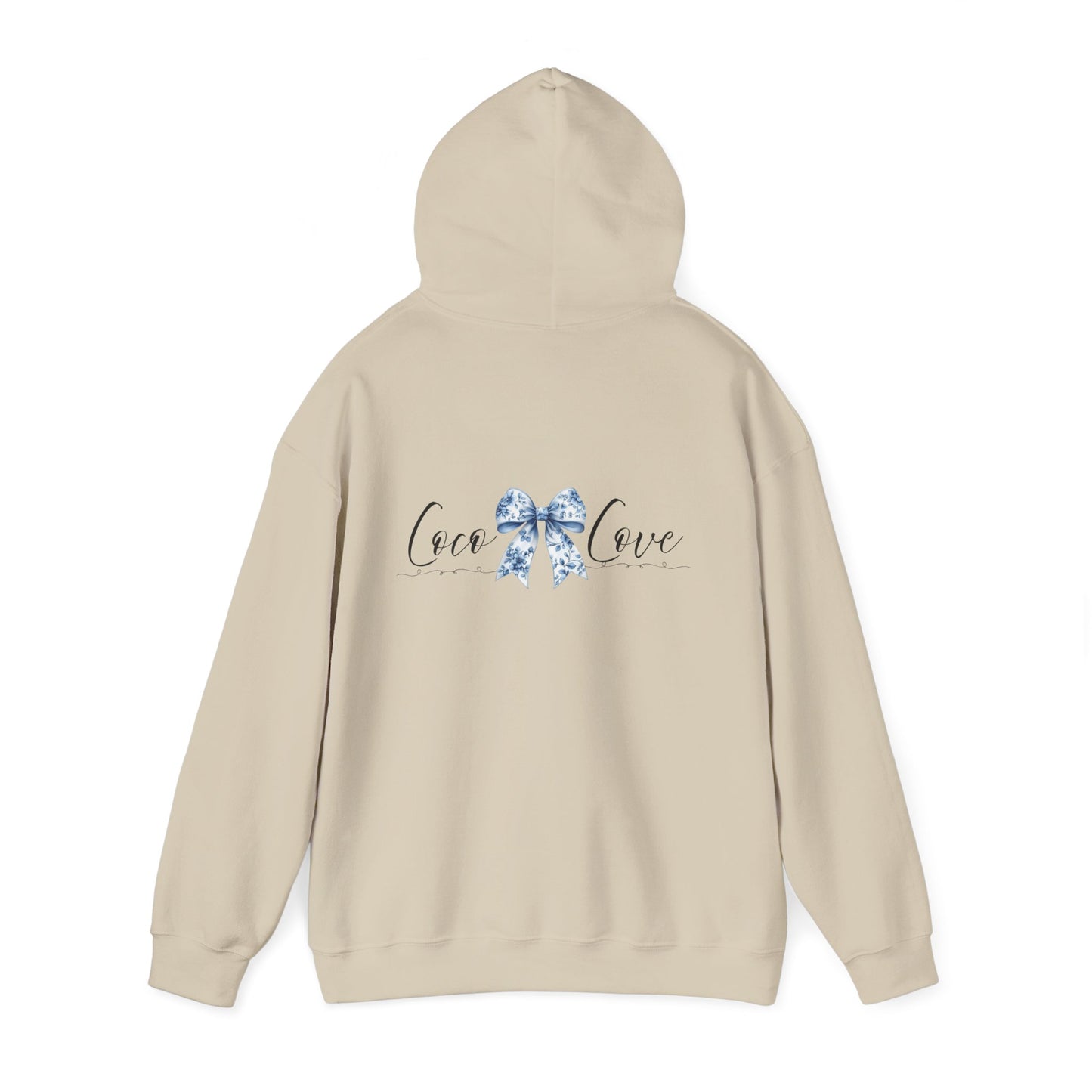 Love Bow Hoodie – Blue Toile Ribbon "love" Graphic Hooded Sweatshirt