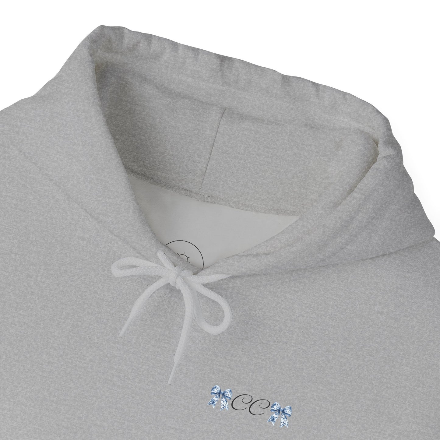 Love Bow Hoodie – Blue Toile Ribbon "love" Graphic Hooded Sweatshirt