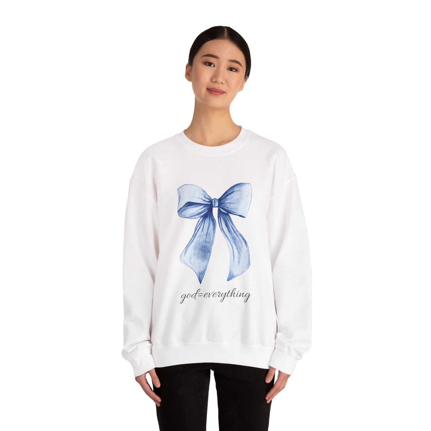 Crewneck Sweatshirt — Blue Watercolor Bow "God Is Everything" | Cozy Inspirational Pullover