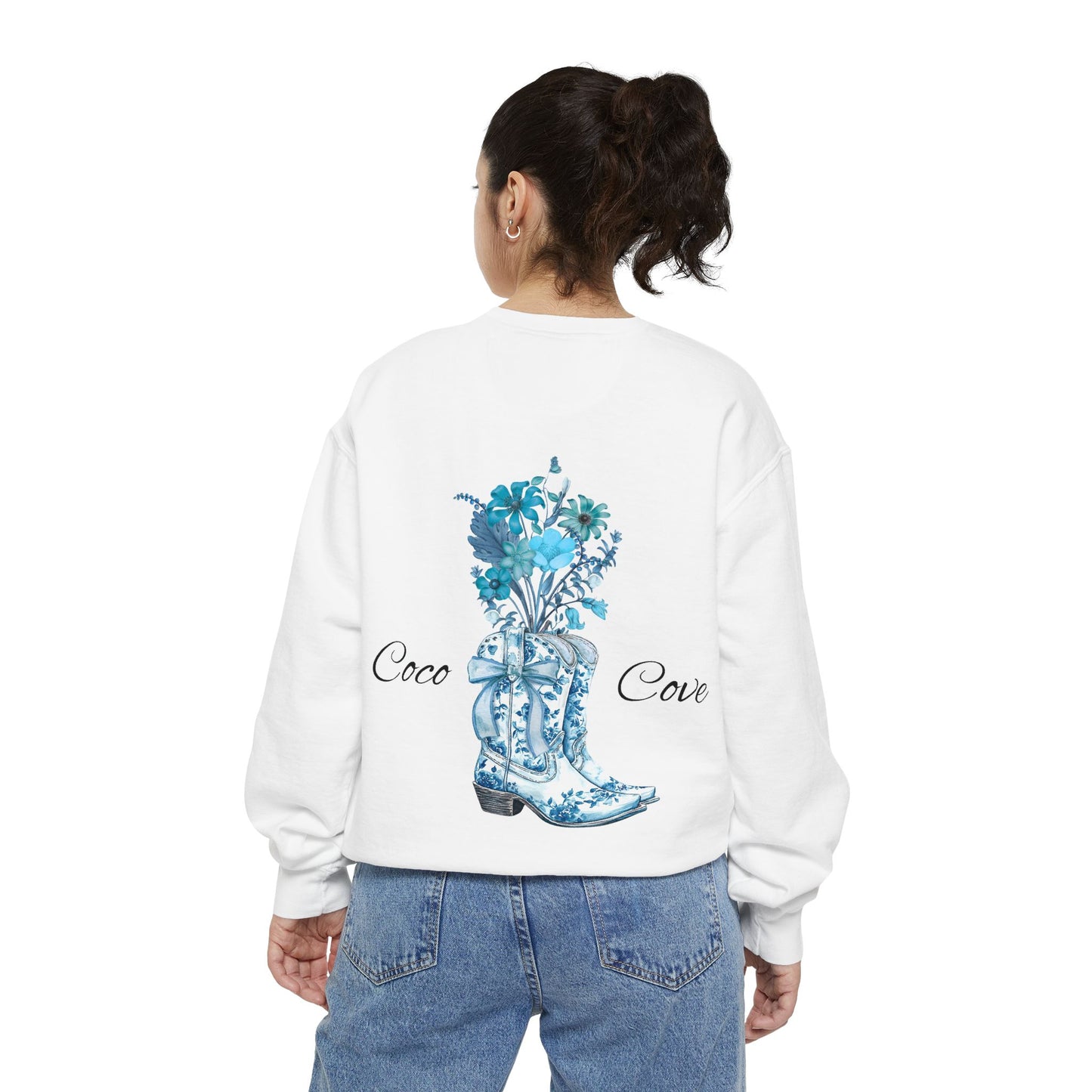 Floral Cowboy Boot Sweatshirt — “Coco Cove” Blue Botanical Graphic
