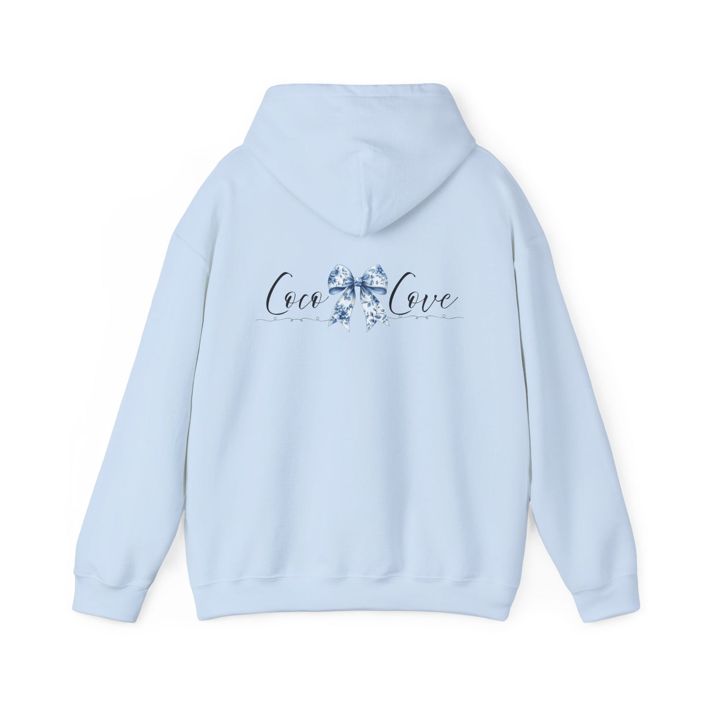 Love Bow Hoodie – Blue Toile Ribbon "love" Graphic Hooded Sweatshirt