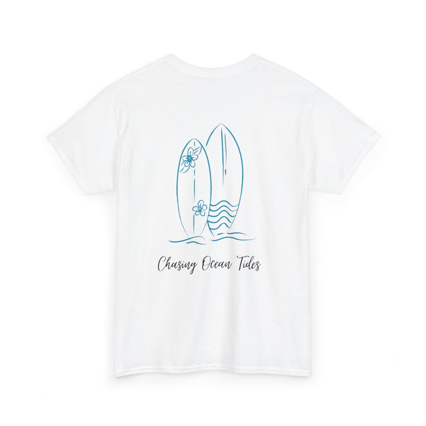 Surfboard Beach Tee — "Chasing Ocean Tides" Minimal Coastal Graphic T-Shirt