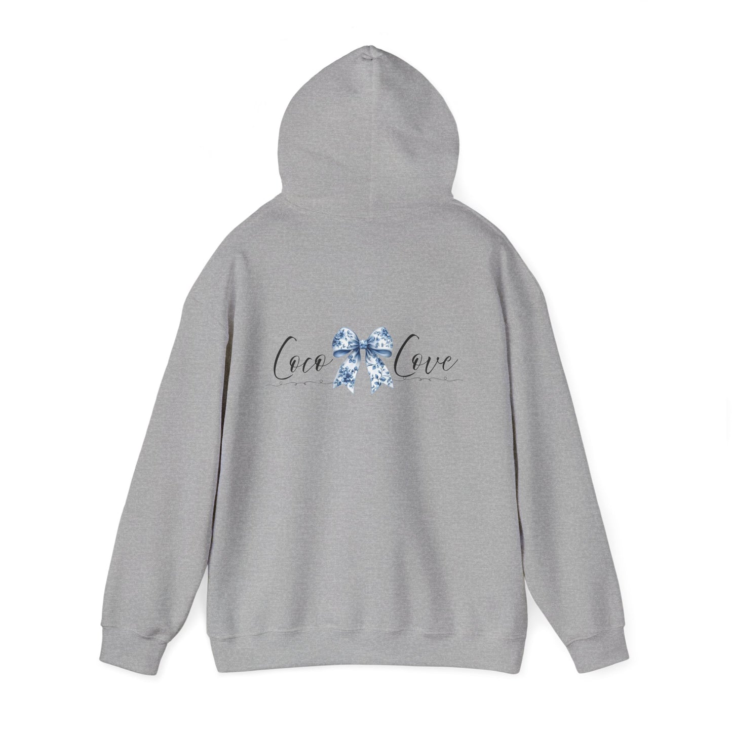 Love Bow Hoodie – Blue Toile Ribbon "love" Graphic Hooded Sweatshirt