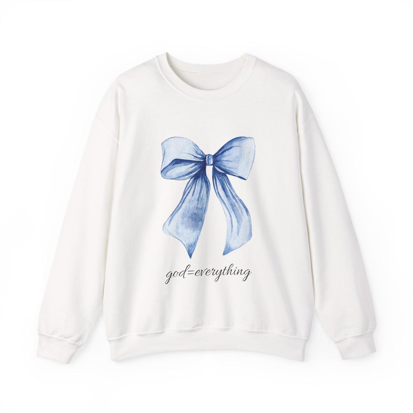 Crewneck Sweatshirt — Blue Watercolor Bow "God Is Everything" | Cozy Inspirational Pullover