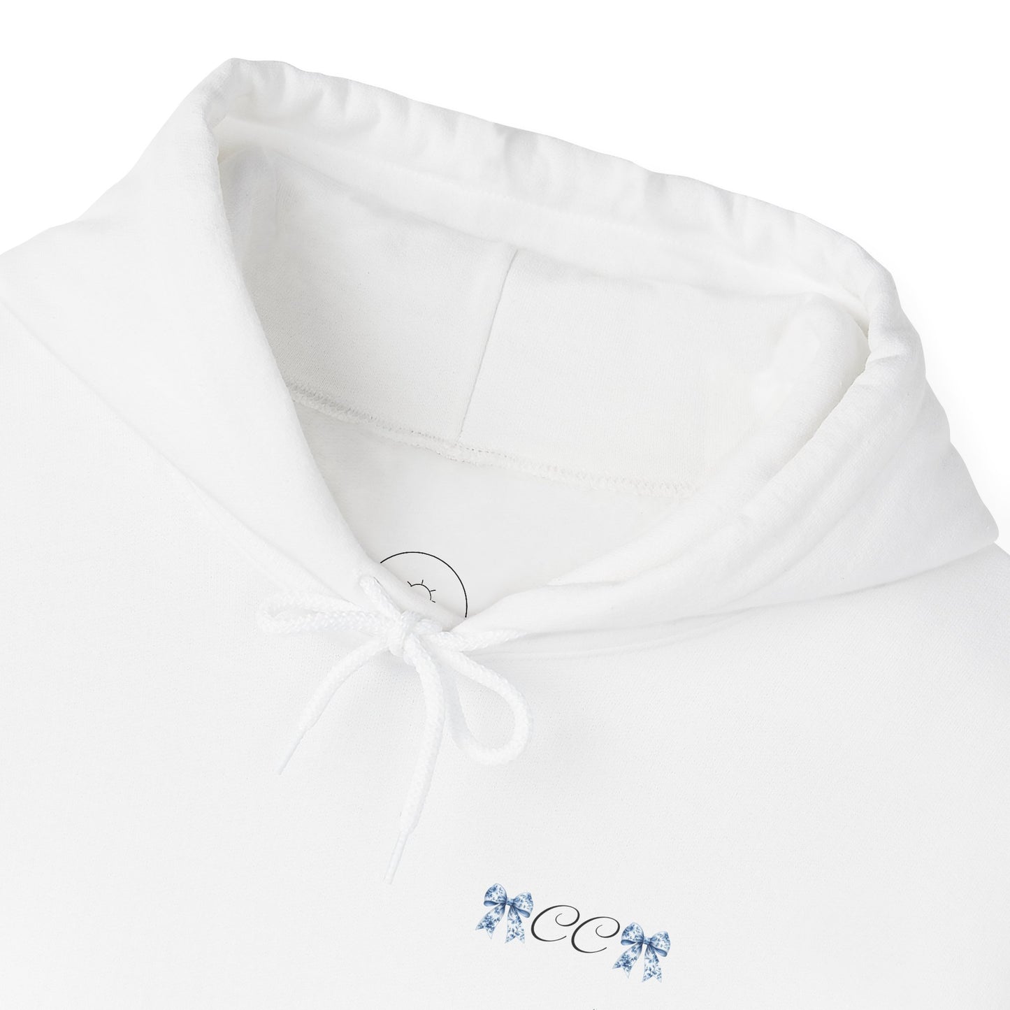 Love Bow Hoodie – Blue Toile Ribbon "love" Graphic Hooded Sweatshirt