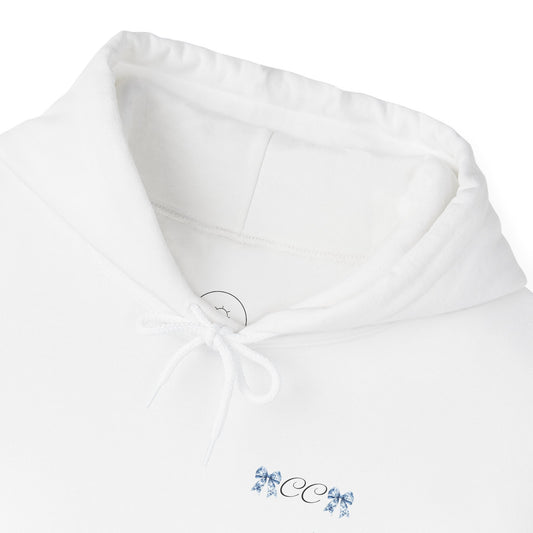 Love Bow Hoodie – Blue Toile Ribbon "love" Graphic Hooded Sweatshirt