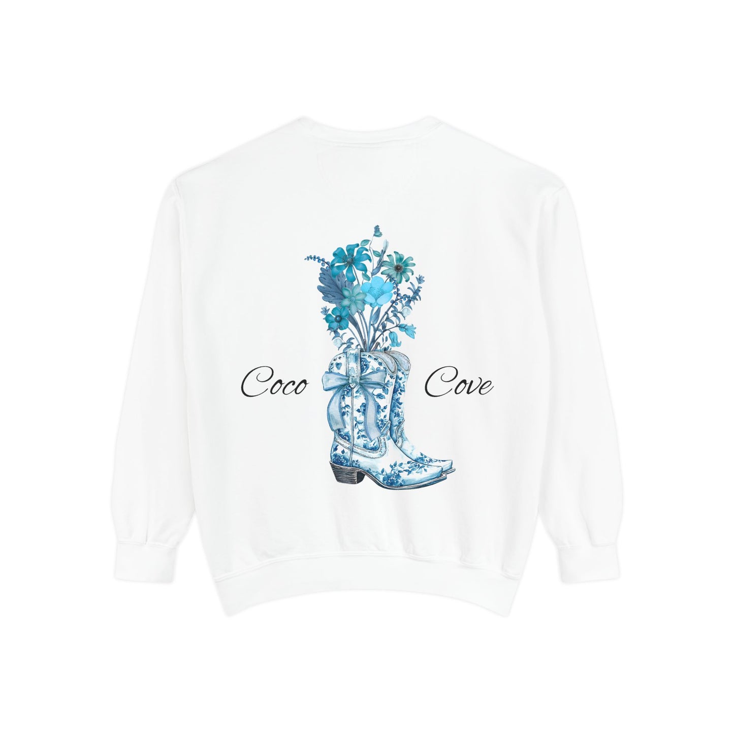 Floral Cowboy Boot Sweatshirt — “Coco Cove” Blue Botanical Graphic