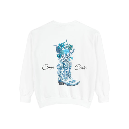 Floral Cowboy Boot Sweatshirt — “Coco Cove” Blue Botanical Graphic