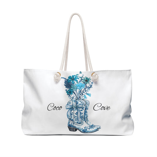 Coco Cove Cowboy Boot Weekender Bag — Blue Floral Travel Tote