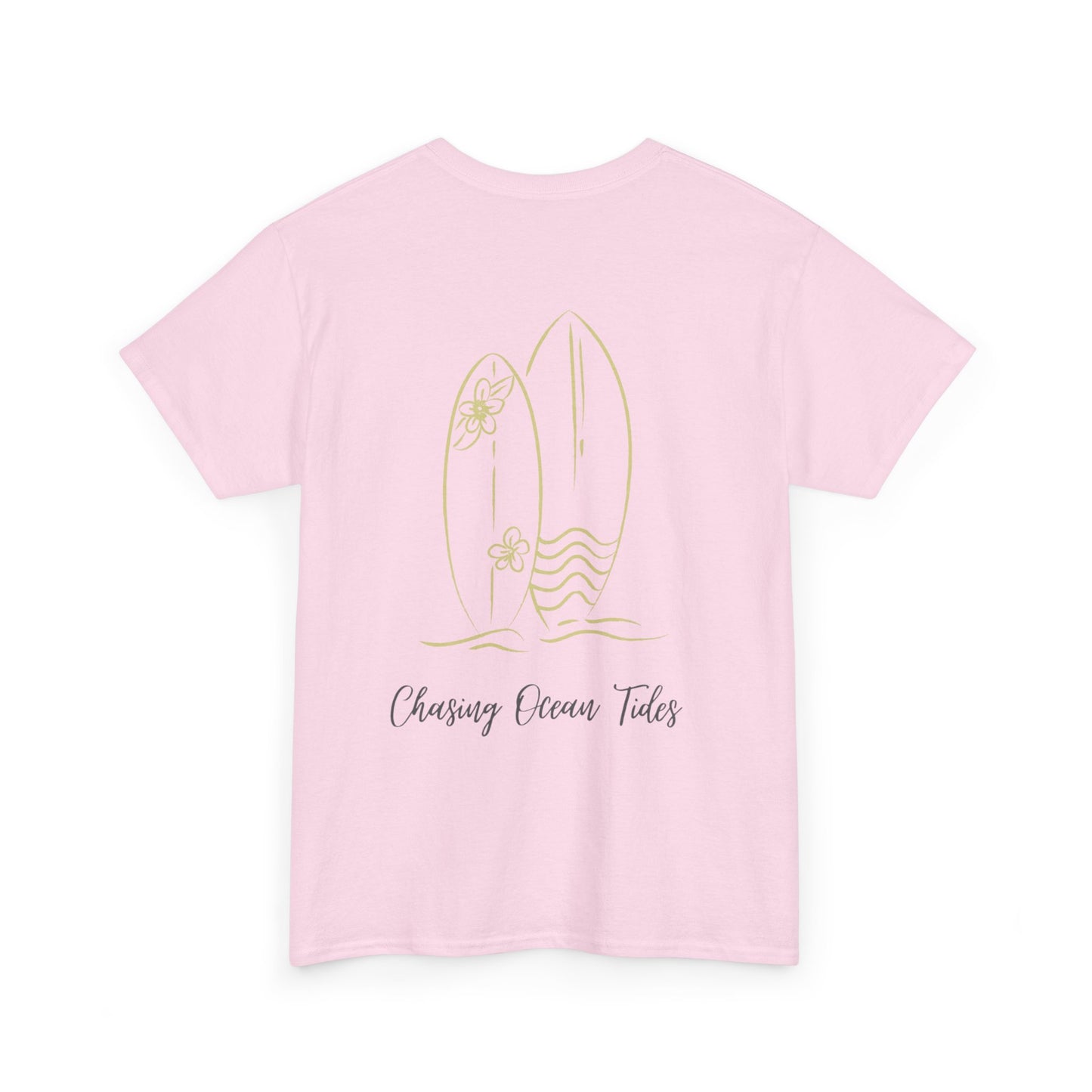 Surfboard Beach Tee — "Chasing Ocean Tides" Minimal Coastal Graphic T-Shirt