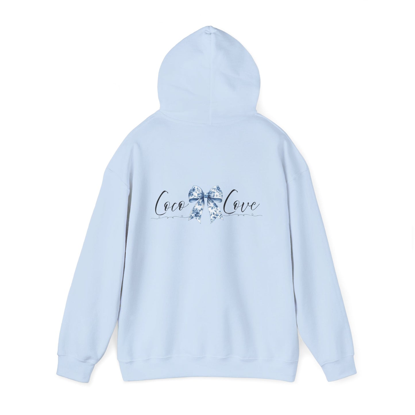 Love Bow Hoodie – Blue Toile Ribbon "love" Graphic Hooded Sweatshirt