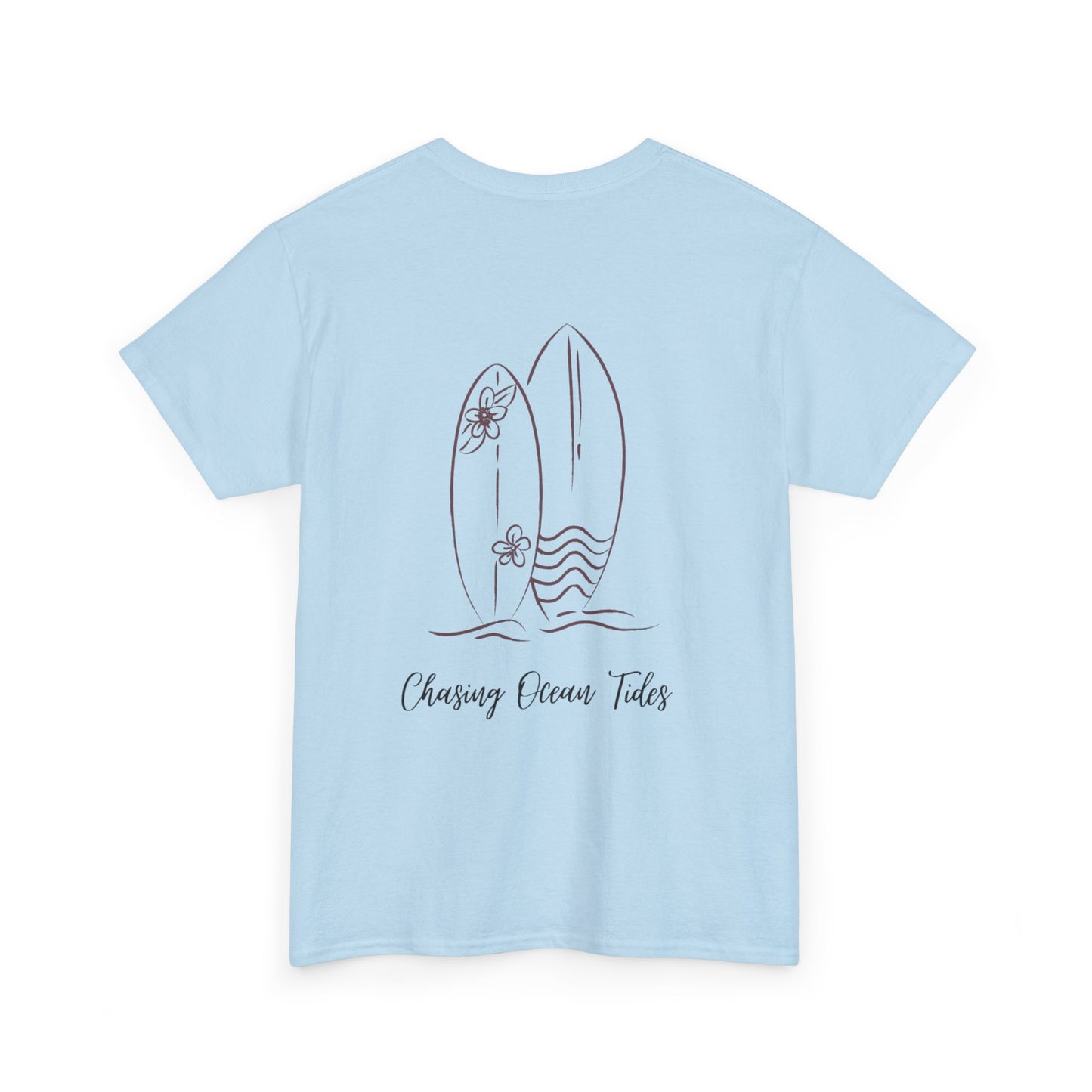 Surfboard Beach Tee — "Chasing Ocean Tides" Minimal Coastal Graphic T-Shirt