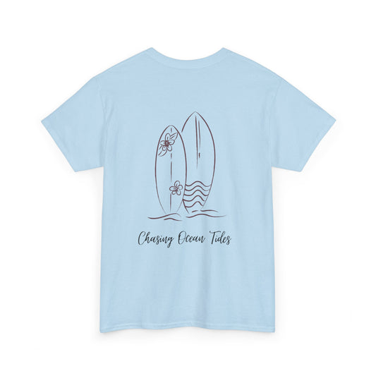 Surfboard Beach Tee — "Chasing Ocean Tides" Minimal Coastal Graphic T-Shirt