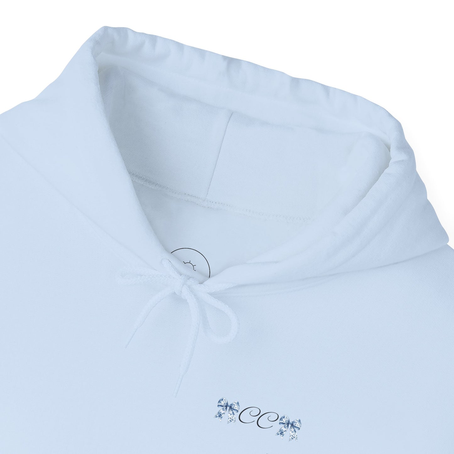 Love Bow Hoodie – Blue Toile Ribbon "love" Graphic Hooded Sweatshirt