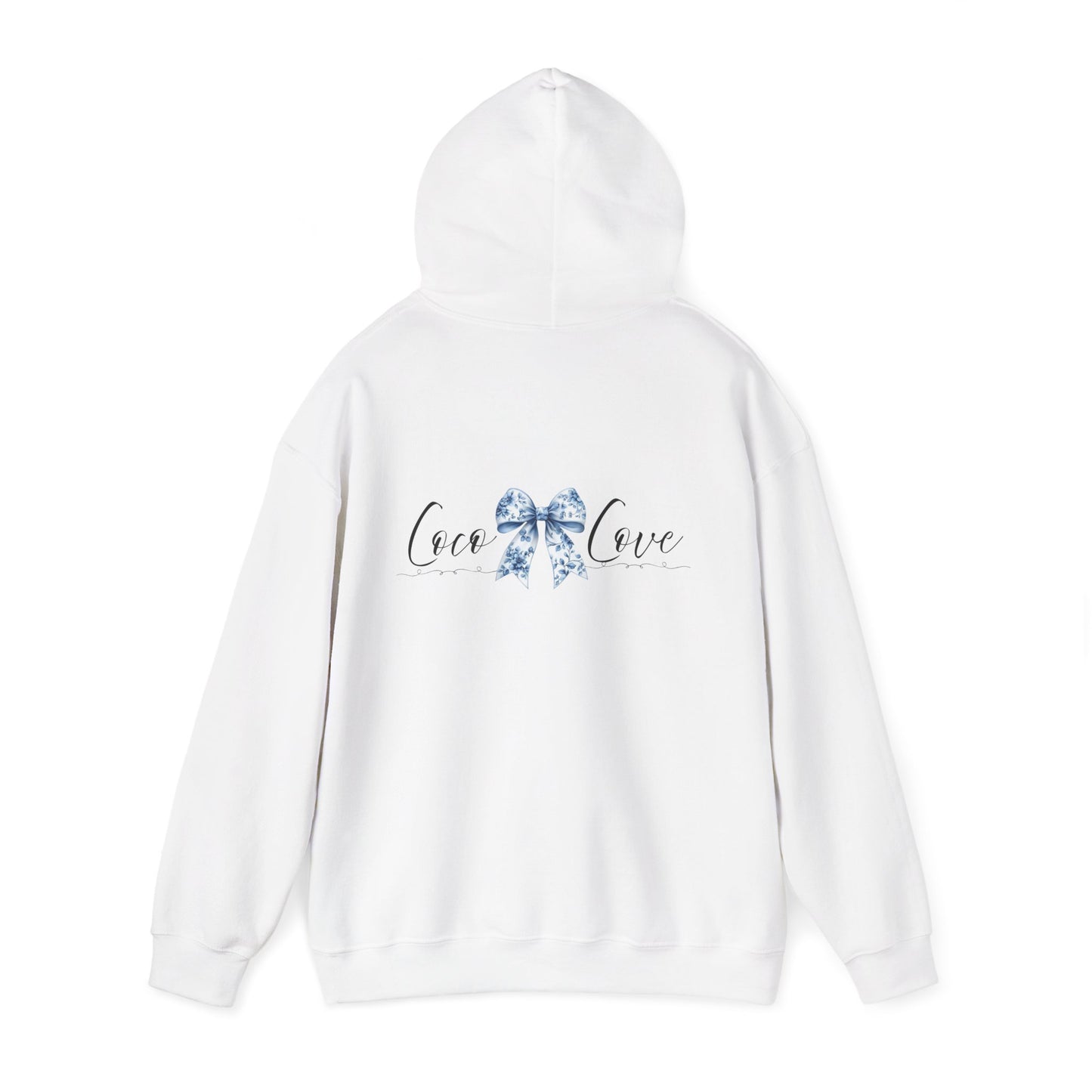 Love Bow Hoodie – Blue Toile Ribbon "love" Graphic Hooded Sweatshirt